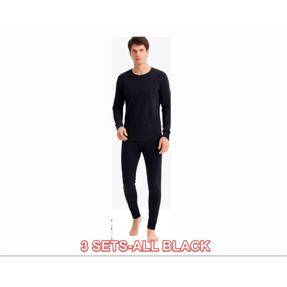Taiyin Men's Black 3 Sets Thermal Underwear Cotton Long Sleeve Top Bottom Base M